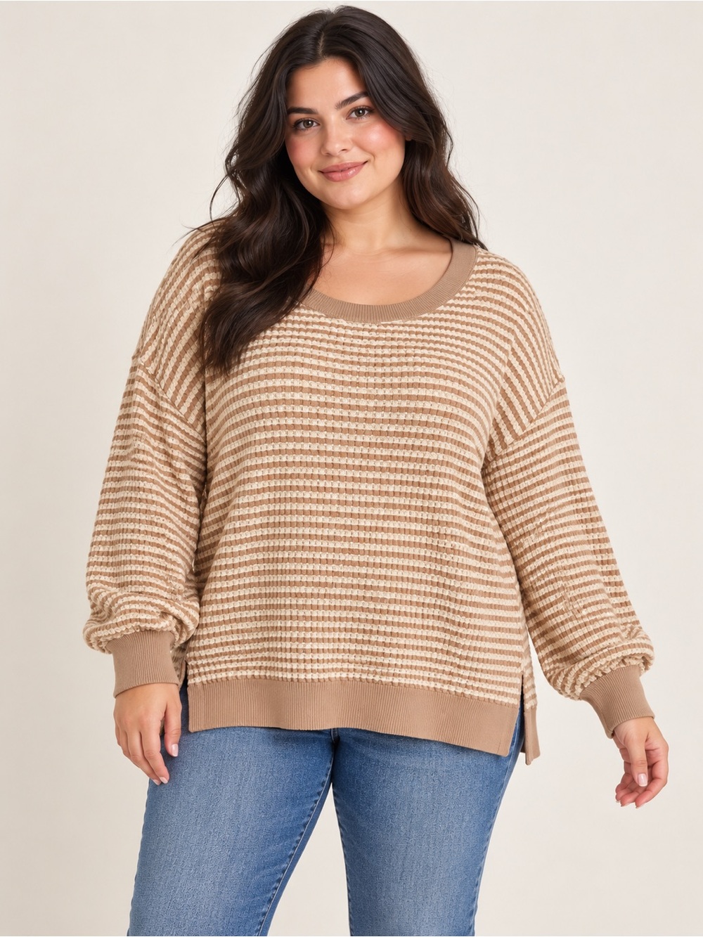 American Eagle Outfitters Taupe and Cream Striped Scoop-Neck Sweater